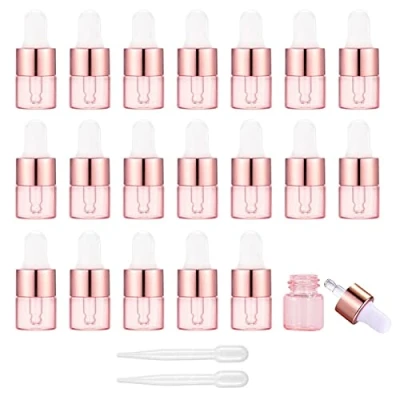 Bild av Alledomain 20 st, 1 ml droppflaskor i roséguld, tomma miniflaskor med pipetter, aluminiumlegering, lock, påfyllningsbara provbehållare för eteriska oljor, parfym, aromaterapiblandningar