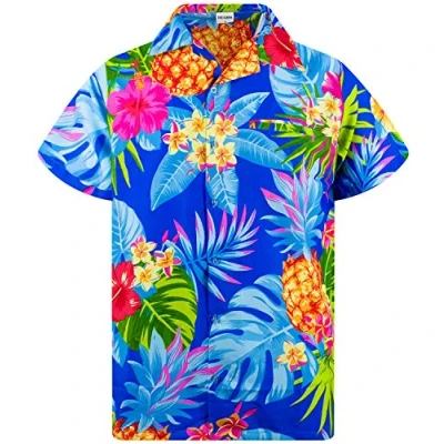 Bild av King Kameha Funky Hawaii skjorta för män, kortärmad, frontficka, tryck, ananas, palmer och blommor, Blå pastell, M
