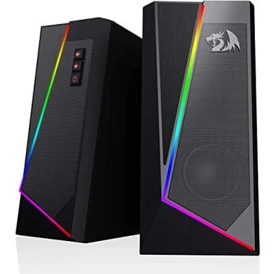 Bild av Redragon GS520 RGB skrivbordshögtalare, 2.0 kanals PC stereohögtalare med 6 färgglada LED lägen, förbättrat ljud och lättillgänglig volymkontroll, USB port 3,5 mm kabel, rosa