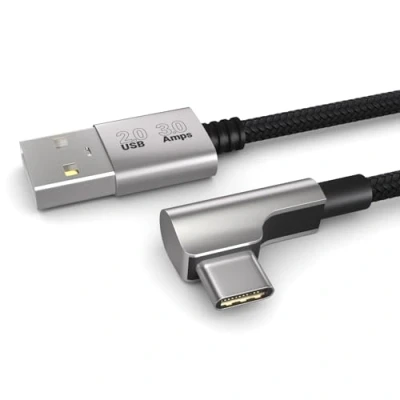 Bild av 0,2 m laddningskabel, 3A, USB A till C kabel, AM CM, 2.0, elegant vinklad kontakt, särskilt flexibel textilmantel i svart