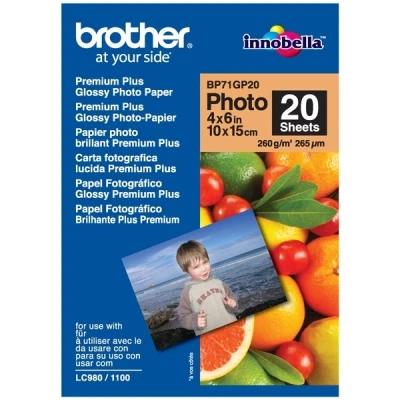 Bild av Brother BP71GP20 fotopapper, 15 cm x 10 cm, premium plus glansig, (B) (L), 20 ark, äkta bror tillbehör
