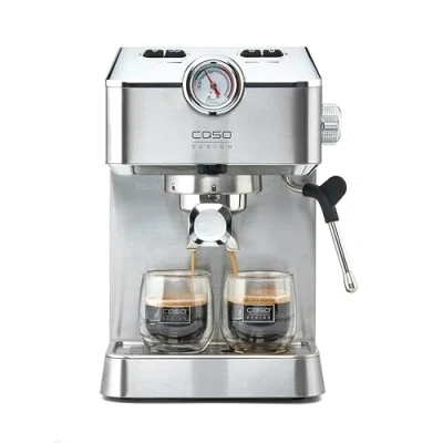 Bild av Caso Espresso Gourmet portafilter av rostfritt stål, kraftfull 19 bar ulkapump, med mjölkskummare, för kaffepulver eller ESE kaffekuddar, 2 koppar, muggplatta