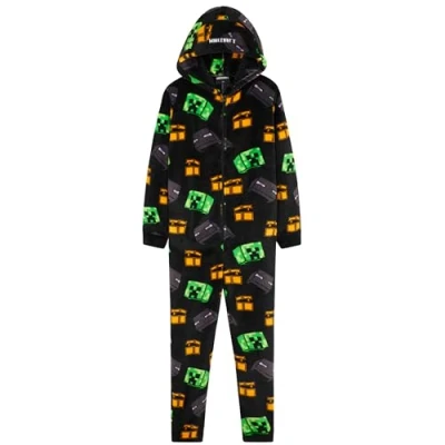 Bild av Minecraft Onesie pyjamas i fleece för pojkar, med huva gåvor spelare, Svart/Multi, 11 12 Years