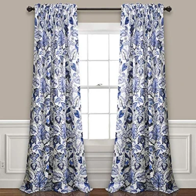 Bild av Lush Decor, Blue Cynthia Jacobean mörkläggande fönstergardiner panelset för vardagsrum, matsal, sovrum (par), 274 cm L