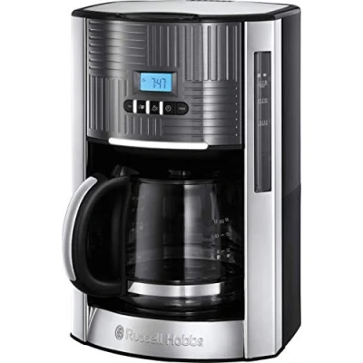Bild av Russell Hobbs kaffebryggare med 1.5L glaskanna, upp till 12 koppar, digital programmerbar timer varmhållningsfunktion, automatisk avstängning, 1000W, filterkaffemaskin, grå, Geo Steel 25270 56
