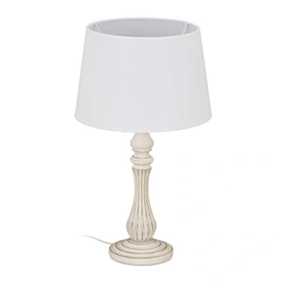 Bild av Relaxdays Bord lantlig stil, E14 fattning, tyg och trä, vardagsrum &amp; sovrum, sänglampa, H x D: 47 27 cm, vit, 10034461, cm