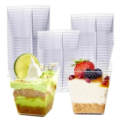 Bild av MATANA 48 Återanvändbara Dessertbägare i Hårdplast (Fyrkantiga, 225ml) Dessertglas för Aptitretare, Puddingar, Mousser, Parfaits, Trifles, Tiramisu, Ostkakor