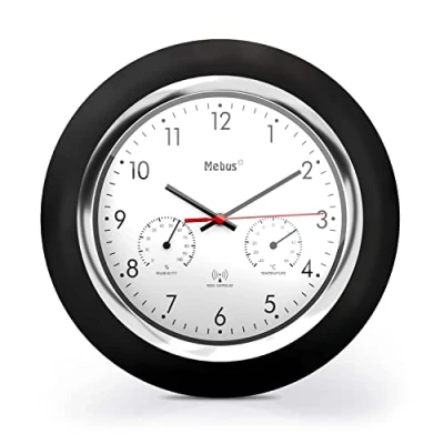 Bild av MEBUS Funk Wanduhr mit Thermometer und Hygrometer/schwarzer Rahmen/weißes Zifferblatt / 24cm Durchmesser/Rund/Modell: 19453 Farbe: Schwarz, Weiß