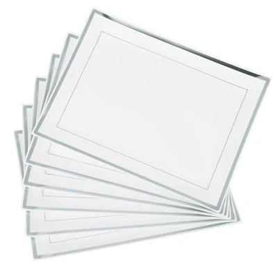 Bild av MATANA 6 vita rektangulära serveringsfat med silverkant, 30 x 23 cm återanvändbara plastbrickor för mellanmål, smörgås, buffébrickor, matservering, catering, fester, bröllop, födelsedagar