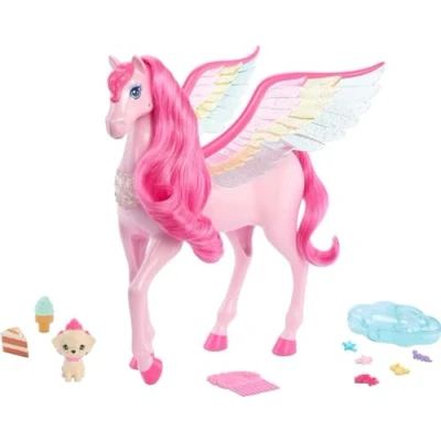 Bild av Rosa Barbie Pegasus med 10 tillbehör, bland annat valp, hästleksaker vingar, A Touch of Magic, HLC41