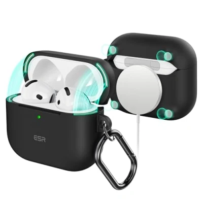Bild av ESR för AirPods 4 fodral (HaloLock), kompatibel med 4:e generationen (2024) (USB C), MagSafe, heltäckande skydd karbinhake, magnetiskt locklås, svart