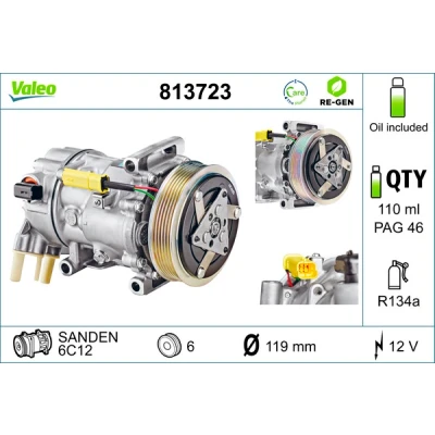Bild av VALEO 813723 compresseur De Climatisation 6C12 12 PAG 46 R 134a avec huile ECHANGE STANDARD PEUGEOT: 308 I 3/5 portes, 207 portes