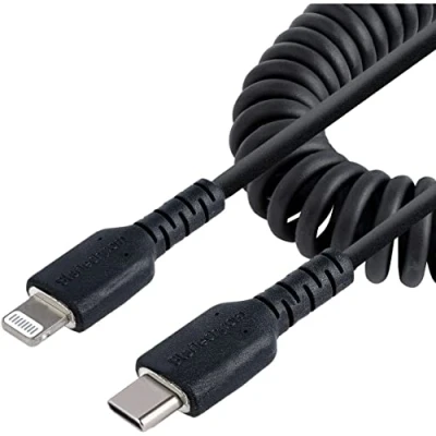 Bild av StarTech.com 20 tum/50 cm USB C till Lightning kabel, MFi certifierad, lindad iPhone laddningskabel, svart, hållbar TPE jacka Aramidfiber, kraftig spole kabel (RUSB2CLT50 CMBC)