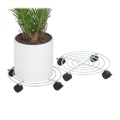 Bild av Relaxdays Växtrulle, set om 2, Ø 32 cm, blomkruksunderlägg med hjul, stål, blomroller för inomhus, silver