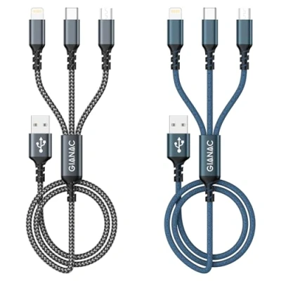 Bild av Multiladdningskabel, USB laddningskabel [2 pack 1,2 m] 3 i 1 flera kablar nylon flätad med mikro typ C Lightning kontakt för iPhone, Android Samsung, Huawei, Nexus, Nokia, LG, Sony