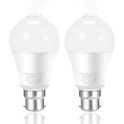 Bild av Boxlood PIR rörelsesensor glödlampa, B22 bajonett, 100 W ekvivalent, 3 000 K varmt vit, säkerhetsbelysning för ytterdörr, hall, källare (2 pack)