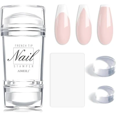 Bild av AIMEILI French Tip Nagelstämpel 4 st nagelkonst stämpelkit klar nagelstämpling silikon nageltryck dubbel huvud gelé stämpling för naglar med skrapor fransk manikyr