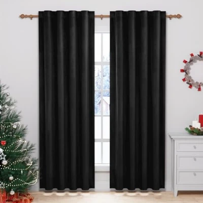 Bild av WOLTU 2 stycken sammetsgardiner, ogenomskinlig mörkläggningsgardin med veckband, termogardin, 300 g/m² tunga sammetsmörkläggningsgardiner för sovrum och vardagsrum, 140 x 225 cm (B H), svart