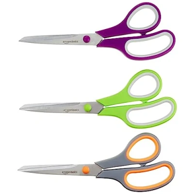 Bild av Amazon Basics Mångsidig sax med bekvämt grepp för kontoret, PVD belagd, rostfritt stål, 3 pack, flerfärgad