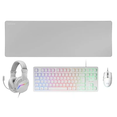Bild av Mars Gaming MCP RGB3, RGB fast speltangentbord + Flow 3200 DPI spelmus Over Ear headset XXL musmatta, vit, spanska språket