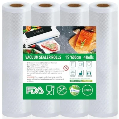 Bild av vakuumpåse livsmedel 4 rullar vakuumpåsar, 15 x 600 cm vakuumfolie, BPA fri, slitstark, 150 µm, vakuumfolierulle för alla vakuumförpackare, mikrovågsugnar, sous vide fryspåse