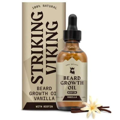 Bild av Striking Viking skäggtillväxtsolja med biotin tjock och närande skäggolja för skäggtillväxt naturligt skäggserum tillväxt av ansiktshår män, vanilj, 2 dörrar (förpackning 1)