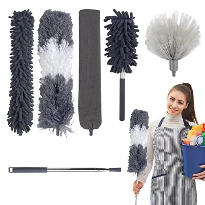 Bild av Gvolatee Dammvippa 6 stycken Telescopic Dust Duster 250 cm, Tvättbara Microfiber Dusters Olika rengöringshuvuden, Teleskopisk för takfläkt, spindelnät, möbler, bilar