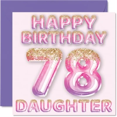 Bild av 78:e födelsedagskort för dotter rosa och lila glitterballonger grattis på 78 år gammal från mamma pappa föräldrar, 145 mm x födelsedag gratulationskort present