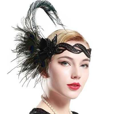 Bild av BABEYOND dam 1920 talet pannband påfågel fjäder 20 stil flapper hårband inspirerad av Great Gatsby kostym tillbehör 4