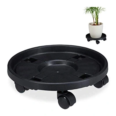 Bild av Relaxdays Växtroller rund, set om 2, Ø 35,5 cm, blomkruksunderlägg med hjul, plast, inomhus och utomhus, svart