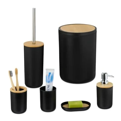 Bild av Relaxdays Badrumstillbehör, 6 delar, i plast och bambu, komplett set, svart natur
