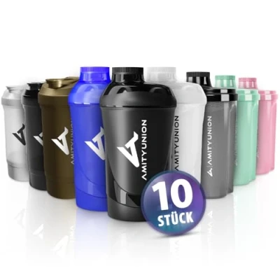 Bild av AMITYUNION protein Shaker 10 STYCKEN med sil proteinskakare liten läckagesäker BPA fri, skala för krämiga vassproteinpulvershakes, BCAA koncentrat i svart