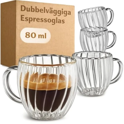 Bild av Cosumy Espressokoppset Dubbelväggigt Glas 80ml 4st med handtag Värmeisolerande flytande effekt Räfflad design Värmebeständig Tål maskindisk