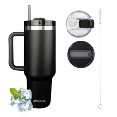 Bild av STARLA Termosmugg med sugrör och handtag 1,2 l stor, 2 lock, läckagesäker, rostfritt stål isoleringsmugg To Go vattenkopp, resemugg, drickmugg (svart)