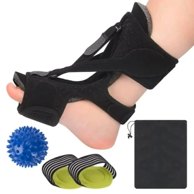 Bild av supregear Plantar Fasciitis Night Splint Set, Justerbar 3 Remmar Fotskena Stöd Ankelstöd med Massageboll och Bågstöd för Platta Fötter Achilles Tendonit, Svart