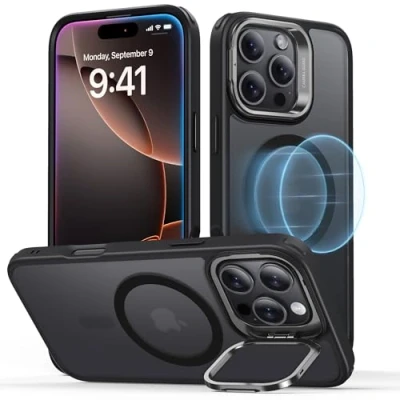 Bild av ESR för iPhone 16 Pro Max fodral, kompatibelt med MagSafe, skyddsfodral i militärkvalitet, inbyggt ställ telefonfodral, repbeständigt bakskydd, klassisk serie, frostad svart