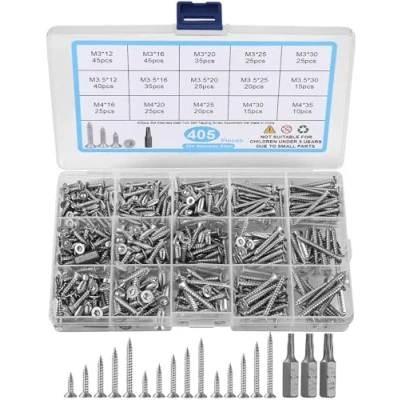Bild av 405 stycken självgängande skruvsortiment set, träbyggskruvar, rostfria plåtskruvar med 3 bits M3/M3,5/M4, 12 mm/16 mm/20 mm/25 mm/30 mm/35 mm, rostfritt stål försänkta torx självborrskruvar