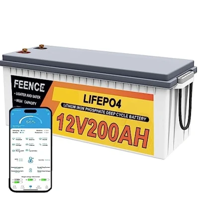 Bild av Feence 12 V 200 Ah LiFePO4 litiumbatteri med Bluetooth, A BMS, upp till 15 000 cykler, max. 2 560 Wh, för husvagn, husbilar, båtar, utombordare, solkraft, hemenergilagring, bilbatteri