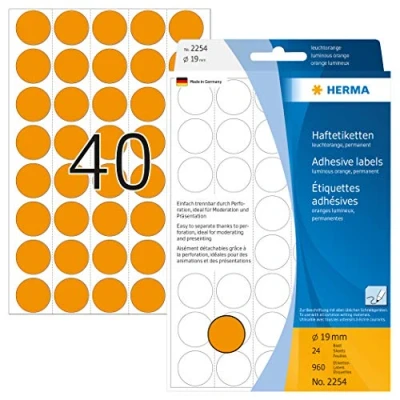 Bild av HERMA 2254 multifunktionsetiketter/runda färgade prickar (Ø 19 mm, 24 ark, papper, matt, perforerad) självhäftande, permanenta märkningspunkter för handskriven märkning, 960 klistermärken ljusorange