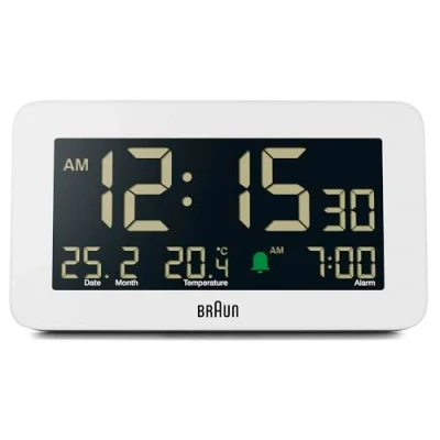 Bild av Braun Digital Alarm Clock with Date, Month and Temperature Displayed, Negative LCD Display, Quick Set, Crescendo Beep in White, model BC10W.