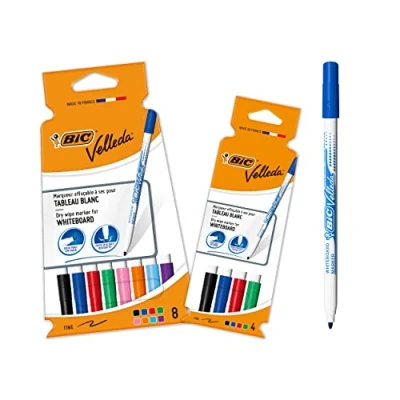 Bild av BIC Velleda paketmarkörer, perfekt för kontor eller klassrum med bra raderbarhet, blandade färger, paket 12 [exklusive Amazon], svart