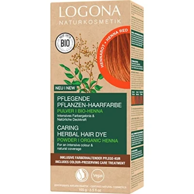 Bild av LOGONA Naturkosmetik närande vegetabilisk hårfärg, veganskt hårfärgspulver med ekologisk henna för intensiv färg och glans, växthårfärg i Hennarot (röd), 1 x 100 g