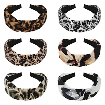 Bild av Belle Vous Breda Topp Korsknut Leopard Mönster Turban Huvudband (6 Pack) Plana Stickade Elastiska Boho Band Håraccessoarer för Kvinnor och Flickor 6