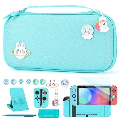 Bild av Switch Fodral för NS 18 i 1 Tillbehör Bunt med Bärväska, Game Fodral, Screen Protector, Stand, Thumb Grips (Blå)
