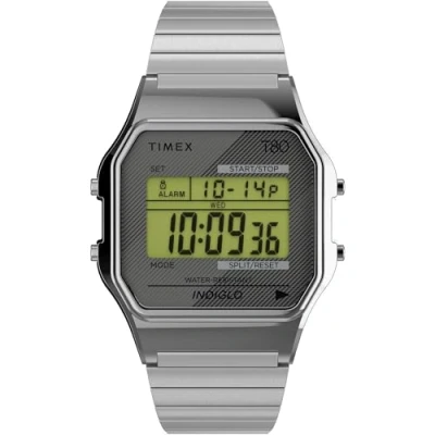Bild av Timex Unisex T80 34 mm klocka Förlängningsarmband i rostfritt stål, digital urtavla, silverfärgad boett TW2R79100