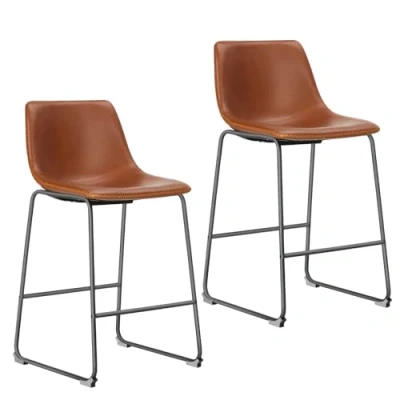 Bild av NEWBULIG Uppsättning av 2 Counter Height barstolar med ryggstöd, matel läder tresstol för bar Bistro café kök, stol sitthöjd 66 cm, whiskybrun
