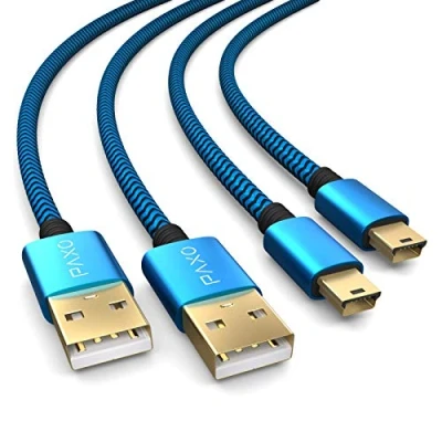 Bild av 2 x 4 m laddningskabel för PS3 handkontroll, USB till mini kabel lång, flätad (flätad), guldpläterad, blå/svart