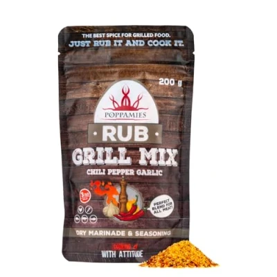 Bild av Poppamies Grill Mix BBQ Rub Torr Chilipeppar Vitlök Marinad &amp; Krydda Perfekt för Fisk Grönsaker Kyckling Fläskkött Nötkött Stor Förpackning 200g (Grill Mix)