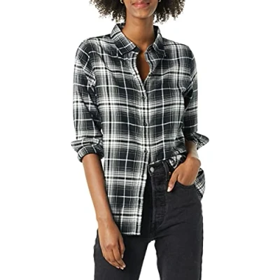 Bild av Amazon Essentials Women&#039;s Långärmad lätt rutig flanellskjorta klassisk passform, Svart Vit Stora rutor, XS