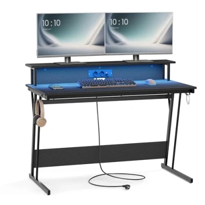 Bild av VASAGLE Gaming Skrivbord med LED och Power Strip, Gamer Bord, Dator Screen Riser, för 2 datorer, sovrum, 60 x 120 76 cm, Carbon Black LWD192B02